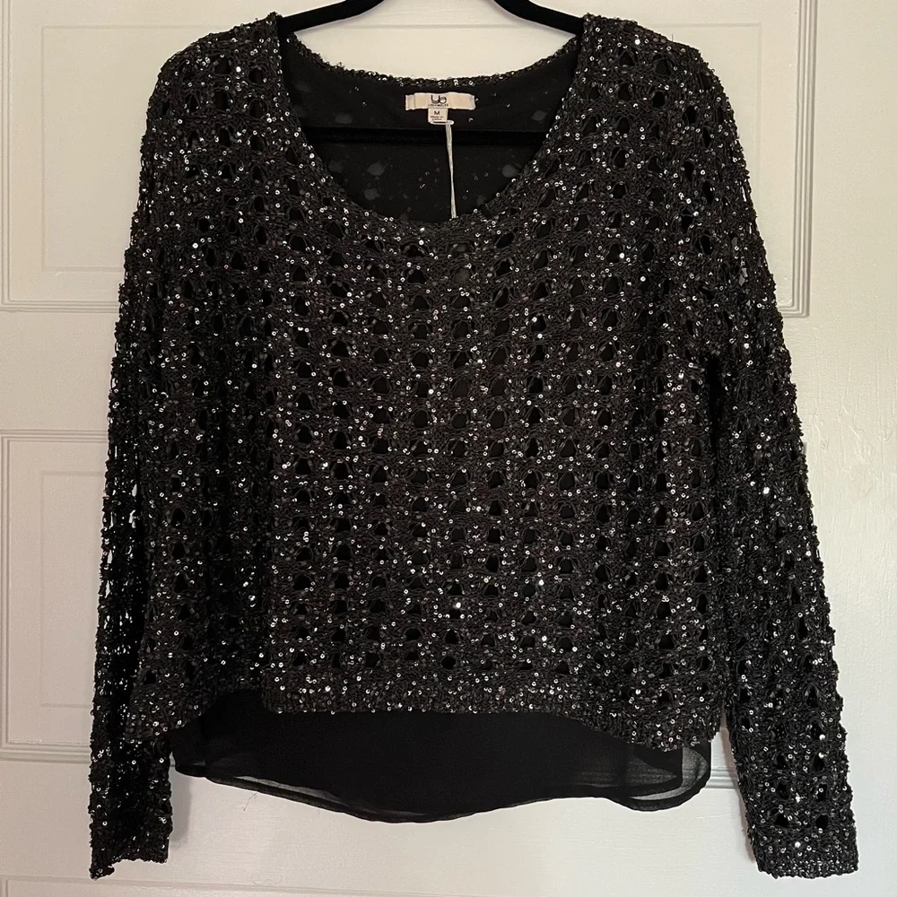 NWT Black Sequin Knit & Chiffon Lightweight Sweater Top - Holiday Style - Picture 2 of 11